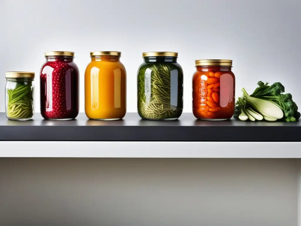 Una composición moderna de frascos de vegetales fermentados en una cocina minimalista, resaltando la Fermentación a Baja Temperatura Vegana