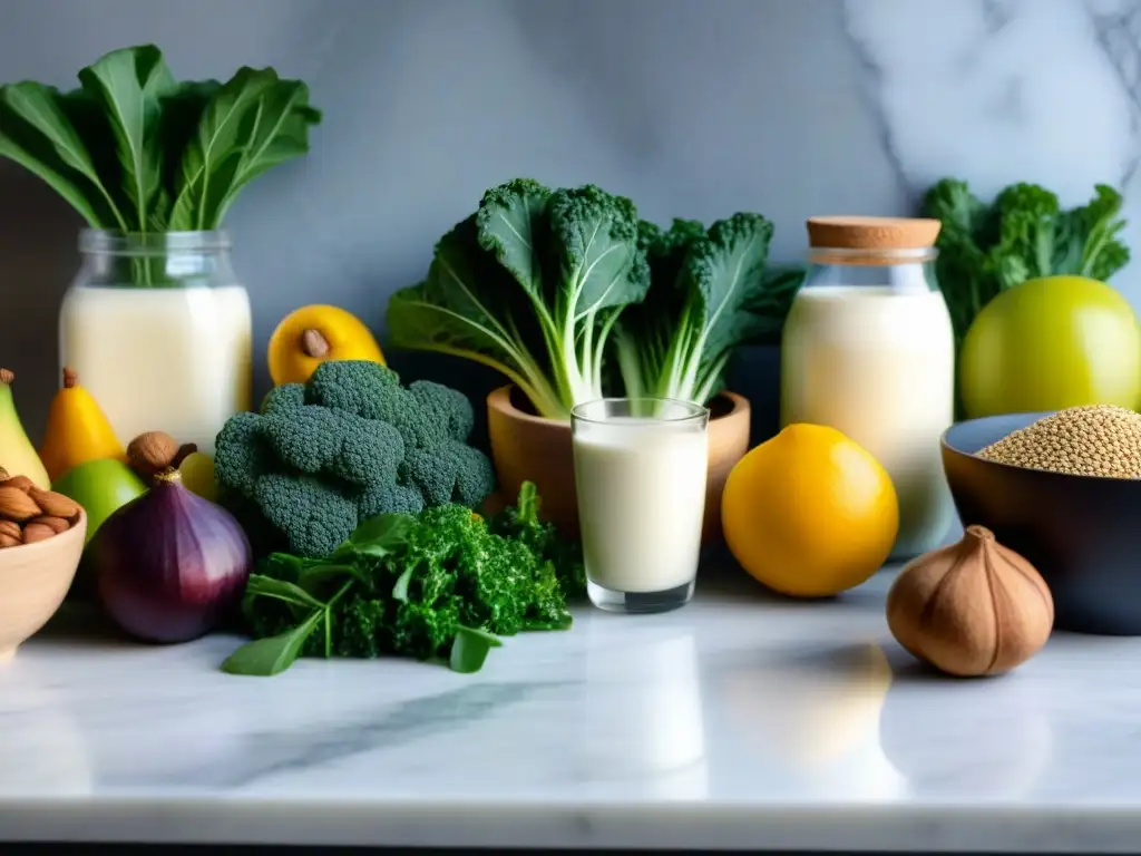 Una composición moderna y vibrante de fuentes veganas de calcio sin lácteos en un elegante mostrador de mármol