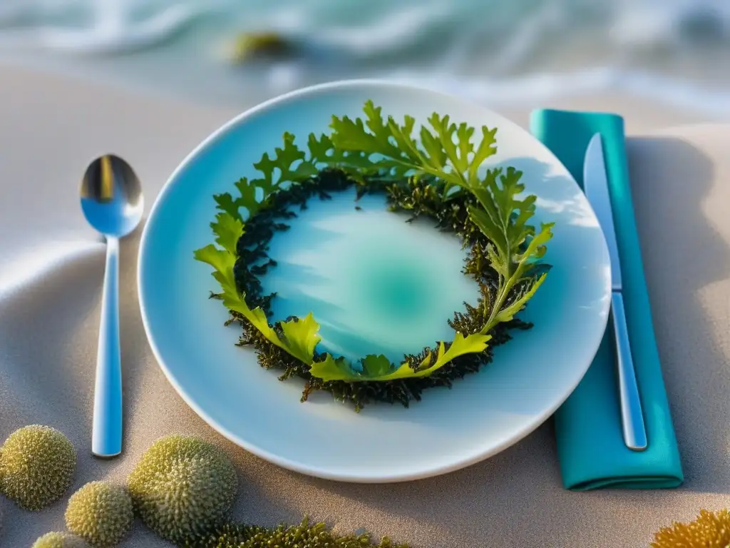 Una composición vibrante de algas marinas en un plato blanco sobre una playa serena