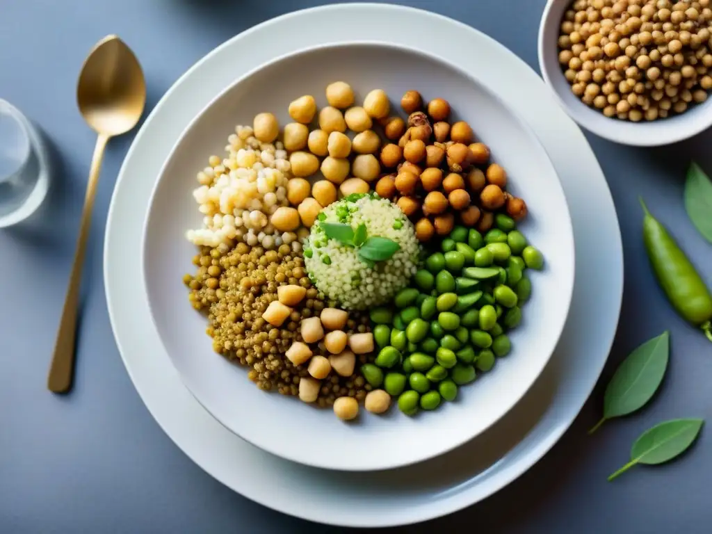 Una composición vibrante de alimentos veganos altos en proteínas, con quinoa, garbanzos, tofu, lentejas y edamame en un plato blanco rodeado de hierbas frescas y especias