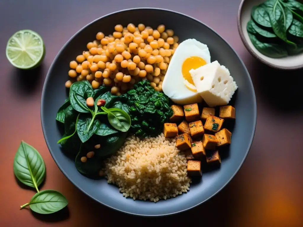 Una composición vibrante de alimentos veganos ricos en hierro como lentejas, espinacas, quinoa y tofu, resaltando los suplementos de hierro en veganos