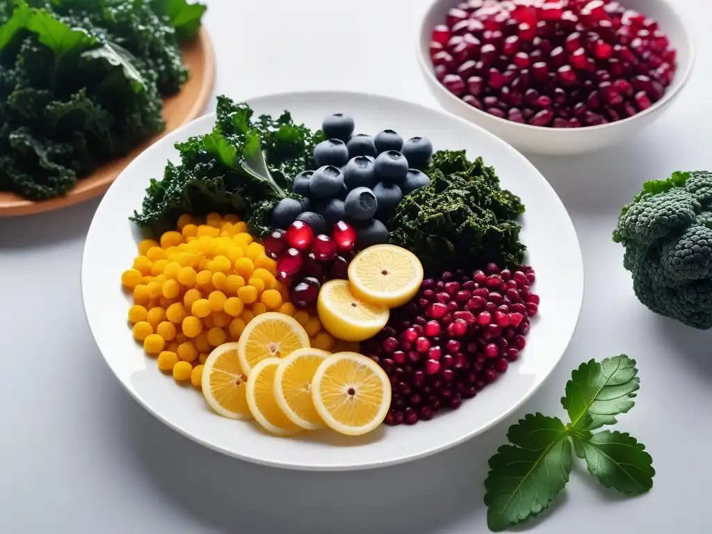 Una composición vibrante de alimentos veganos ricos en antioxidantes, con arándanos azules, kale verde, acai morado, granada roja y cúrcuma dorada