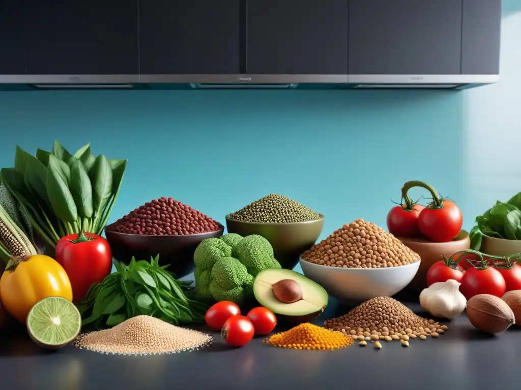 Una composición vibrante de alimentos vegetales ricos en nutrientes como frijoles, lentejas, quinoa, nueces y semillas, dispuestos en una encimera de cocina moderna