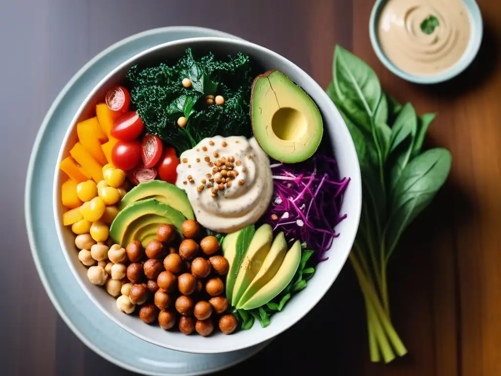 Una composición vibrante de un bowl vegano creativo y delicioso con ingredientes coloridos y nutritivos en presentación moderna y estilizada