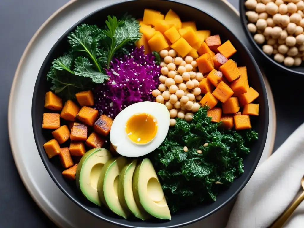 Una composición vibrante de un bowl vegano sin gluten con quinoa, aguacate, batata y kale, sobre un elegante plato negro en mármol blanco