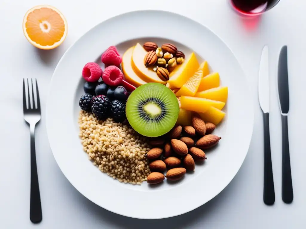 Una composición vibrante de comida vegana en un plato blanco minimalista