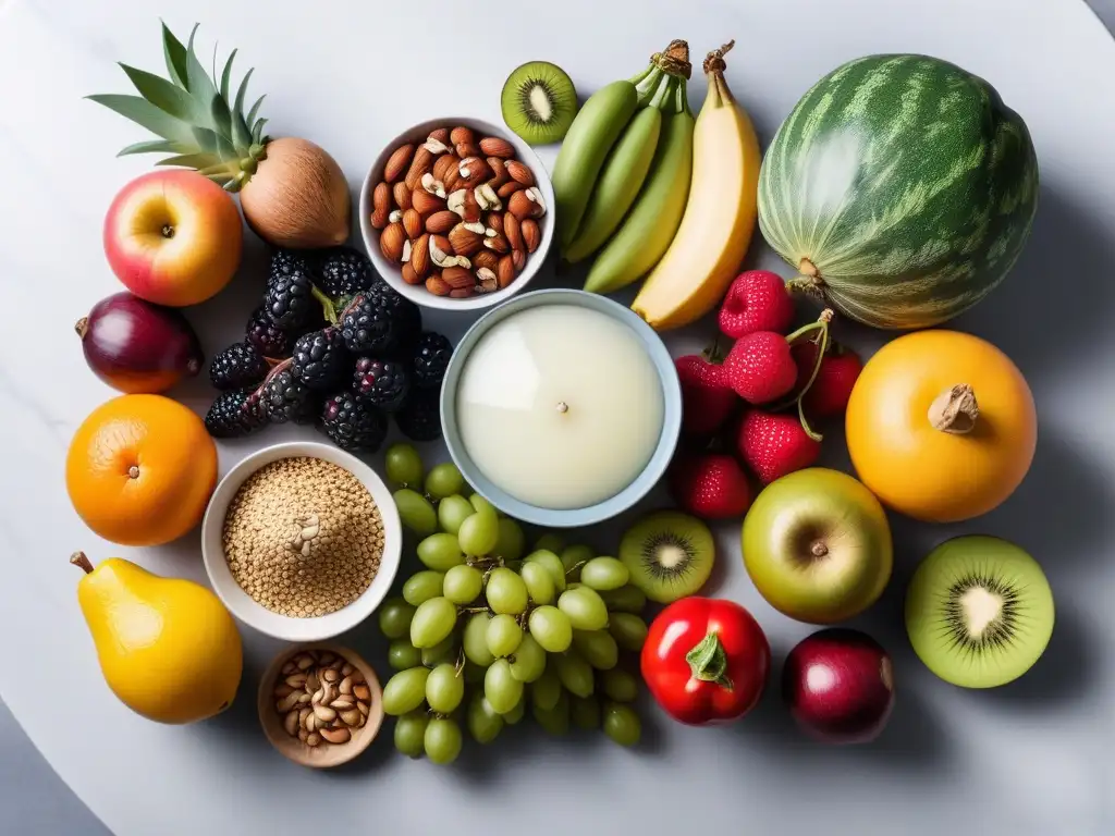 Una composición vibrante y fresca de frutas, verduras, frutos secos y semillas en un elegante mostrador de mármol
