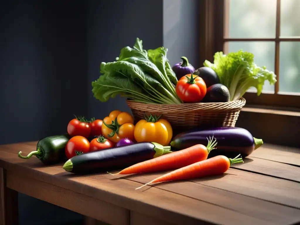 Una composición vibrante y fresca de verduras orgánicas sobre una mesa rústica