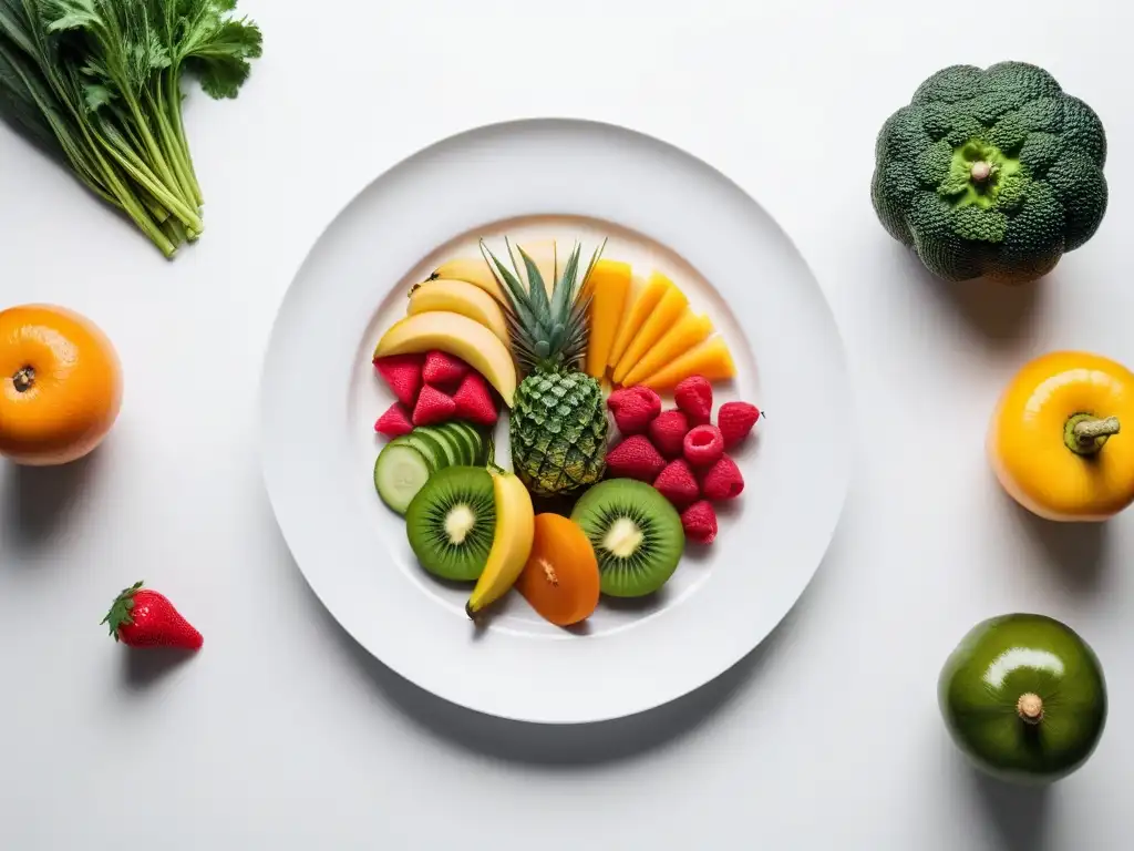 Una composición vibrante de frutas y vegetales frescos sobre un plato blanco minimalista