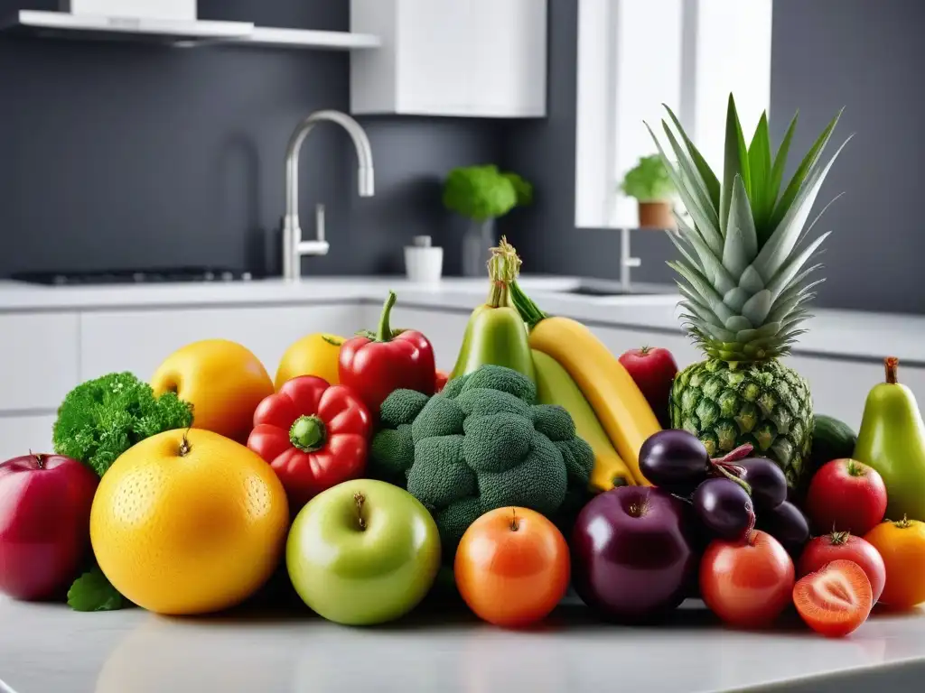 Una composición vibrante de frutas y verduras en una cocina moderna, exudando frescura y vitalidad