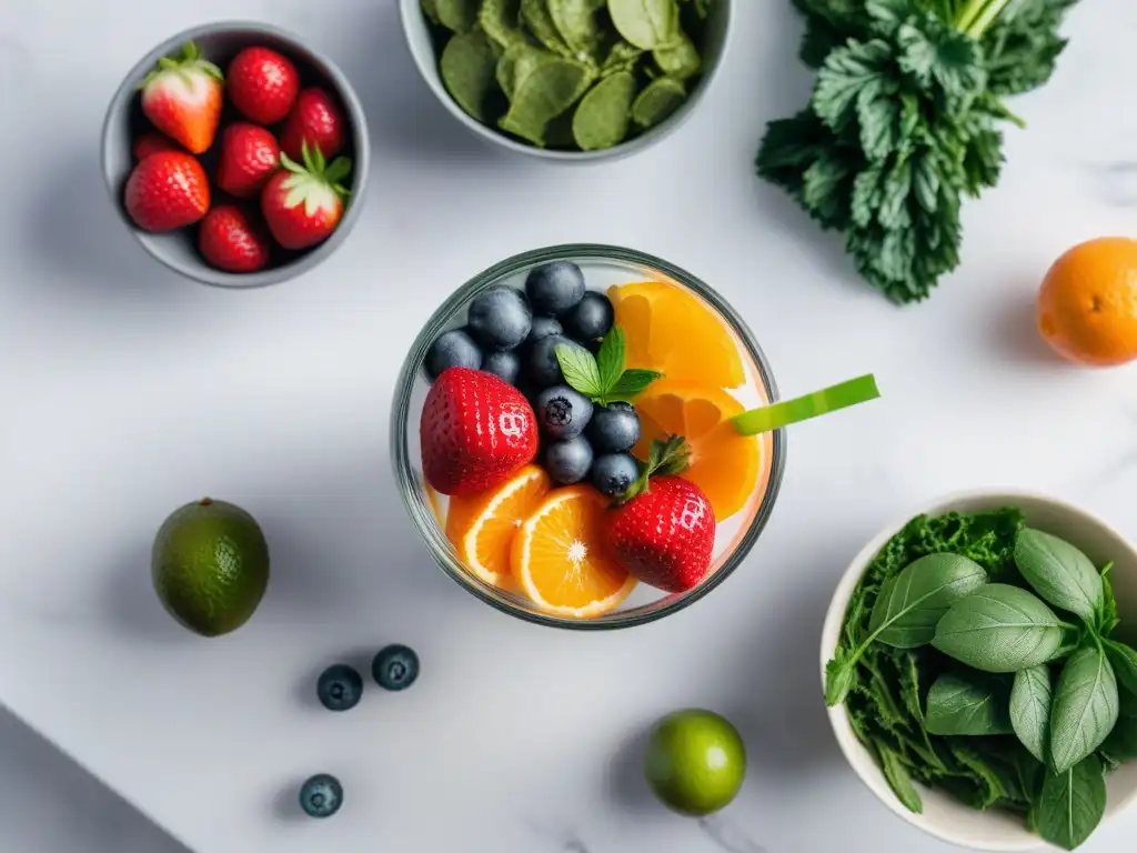 Una composición vibrante de frutas y verduras coloridas en un elegante mostrador de mármol, evocando smoothies veganos saludables y deliciosos