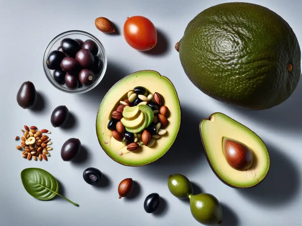 Una composición vibrante de frutas y verduras en una cocina minimalista, resaltando grasas saludables en la cocina vegana