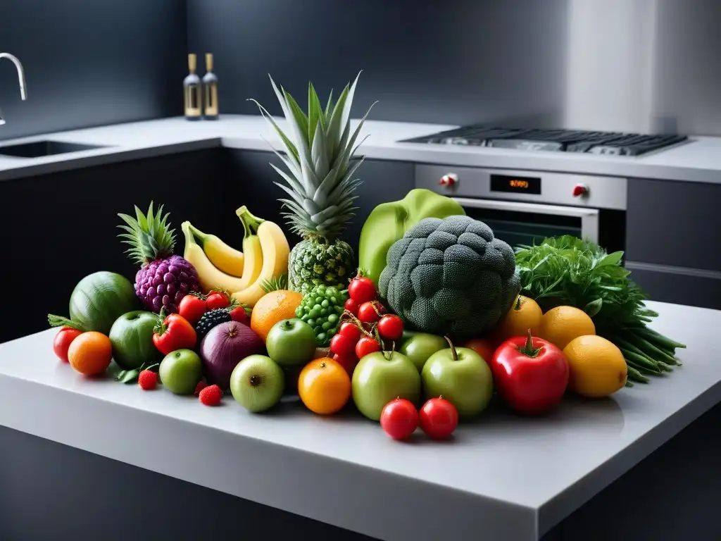 Una composición vibrante de frutas y verduras frescas en una cocina moderna, transmitiendo la nutrición vegana para principiantes