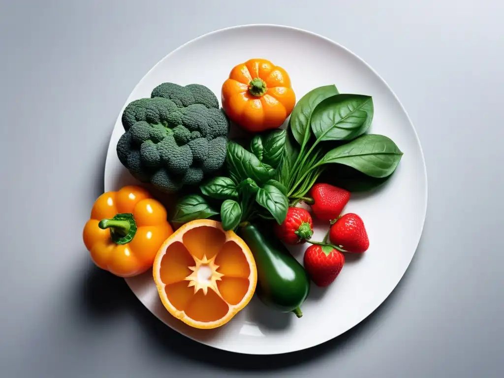 Una composición vibrante de frutas y verduras ricas en hierro y vitamina C en un plato blanco, destacando la Absorción de Hierro en veganos