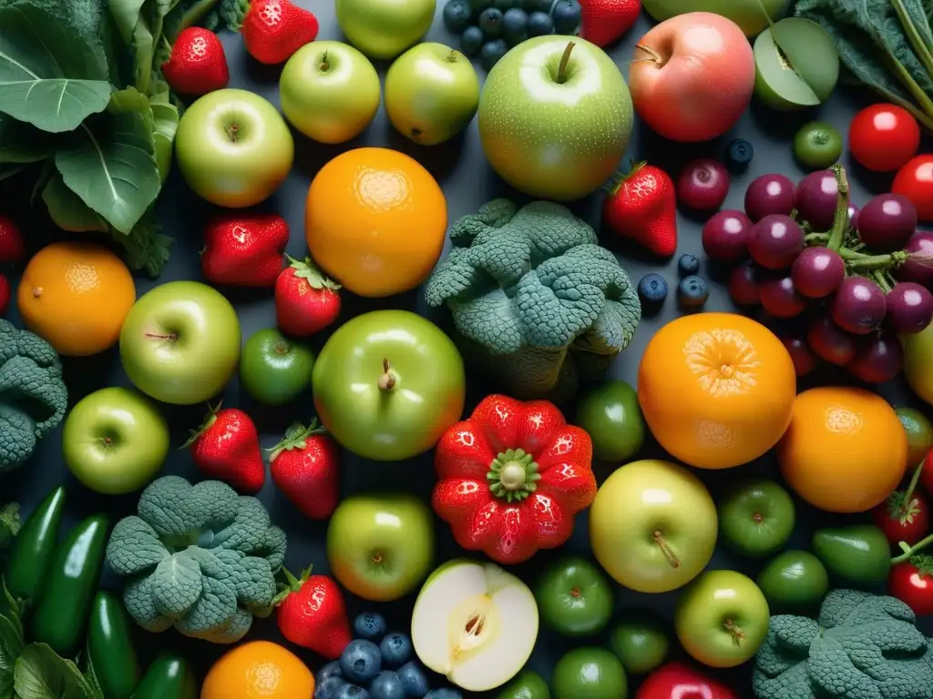 Una composición vibrante de frutas y verduras coloridas, frescas y saludables, en un patrón visualmente atractivo