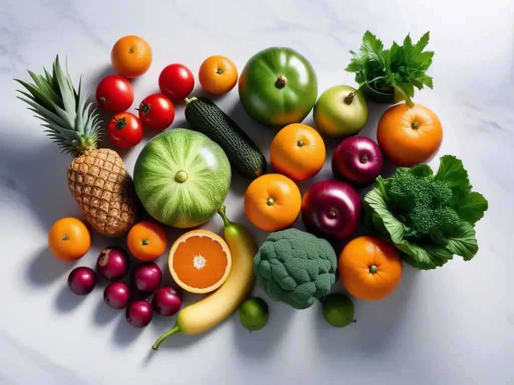 Una composición vibrante de frutas y verduras frescas en un elegante mostrador de mármol blanco