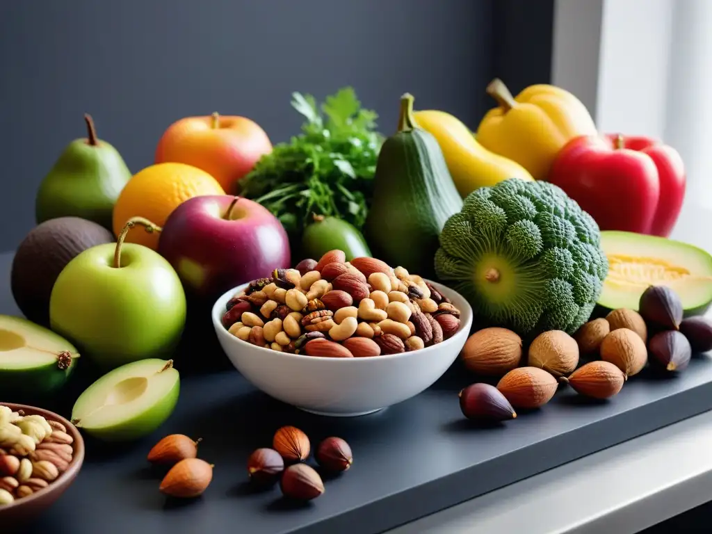 Una composición vibrante de frutas, verduras, frutos secos y semillas coloridas en una cocina moderna