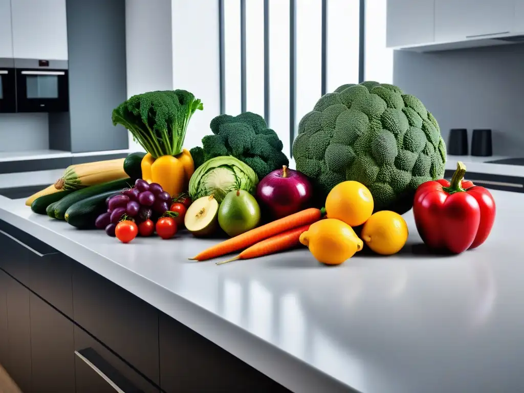 Una composición vibrante de frutas y verduras en una cocina moderna, transmitiendo frescura y arte culinario