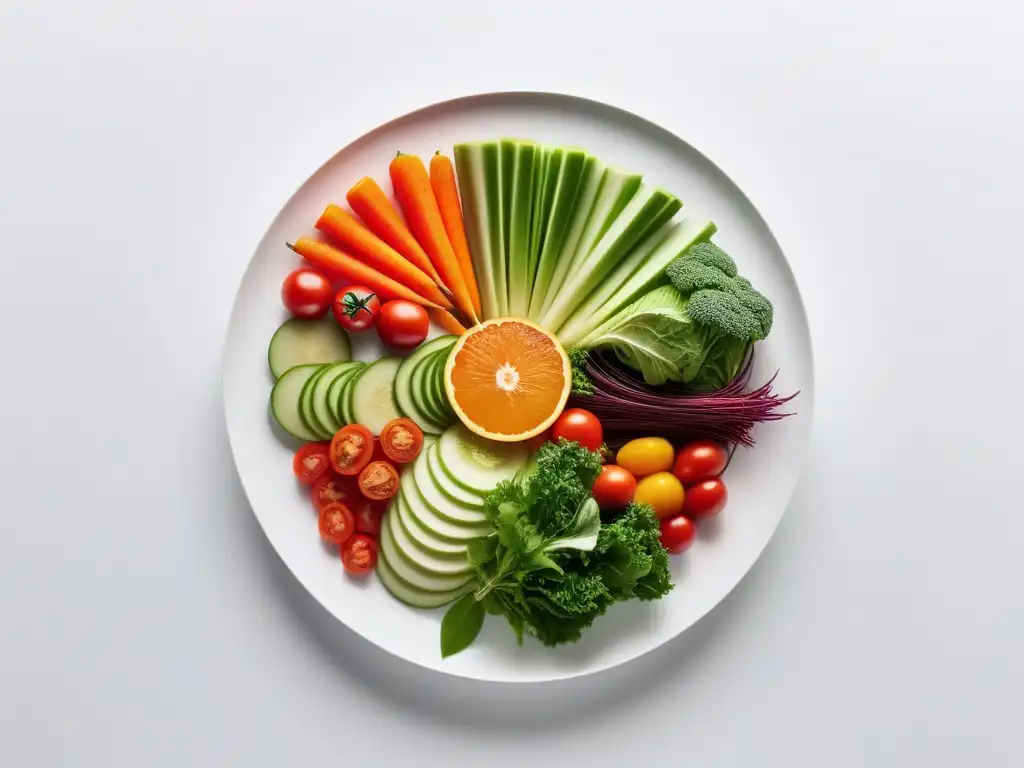 Una composición vibrante de frutas y verduras recién cortadas en un plato blanco, ideal para una dieta vegana