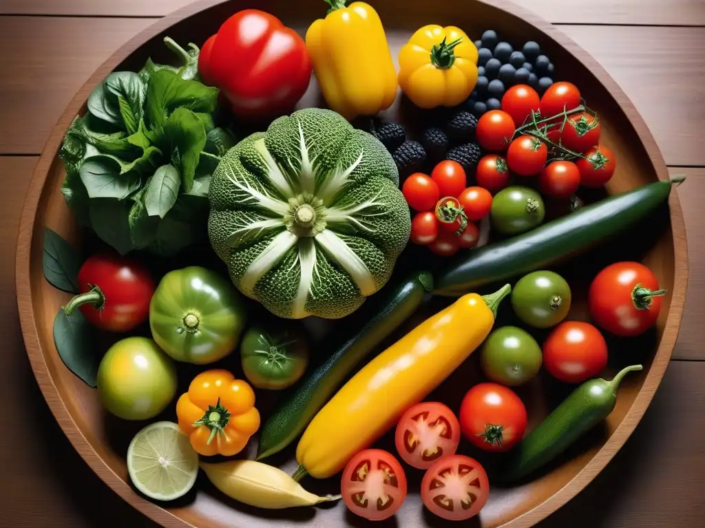 Una composición vibrante de frutas y verduras de temporada en una mesa de madera, ideal para recetas veganas con ingredientes de temporada