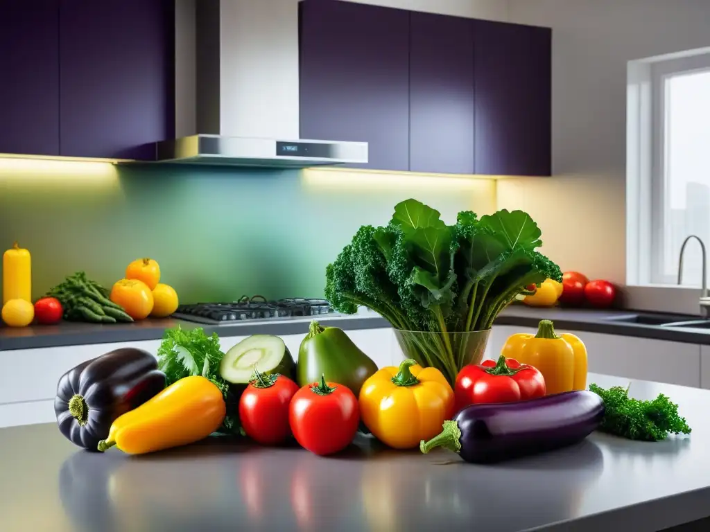 Una composición vibrante de frutas y verduras frescas en una cocina moderna y minimalista