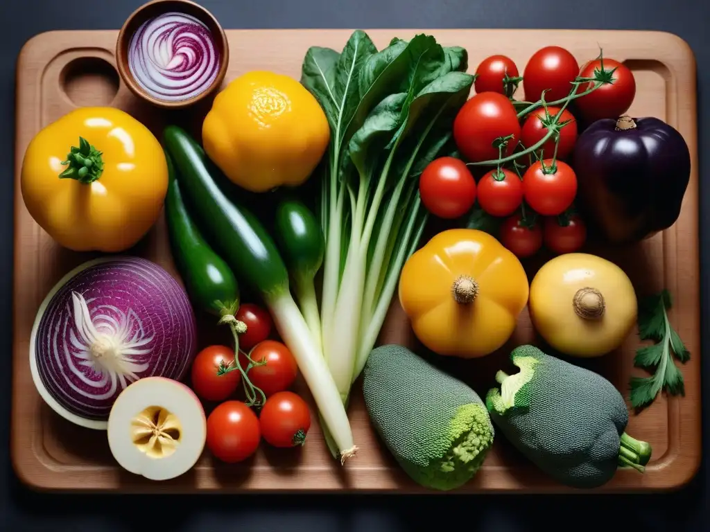 Una composición vibrante de frutas y verduras en un tablero de madera, esencial para la fermentación en climas fríos veganos