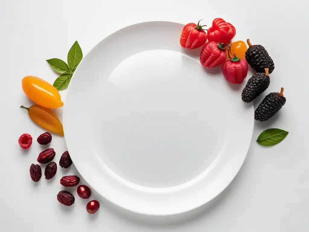 Una composición vibrante de frutas y verduras deshidratadas en contraste con sus formas rehidratadas, en un plato blanco moderno