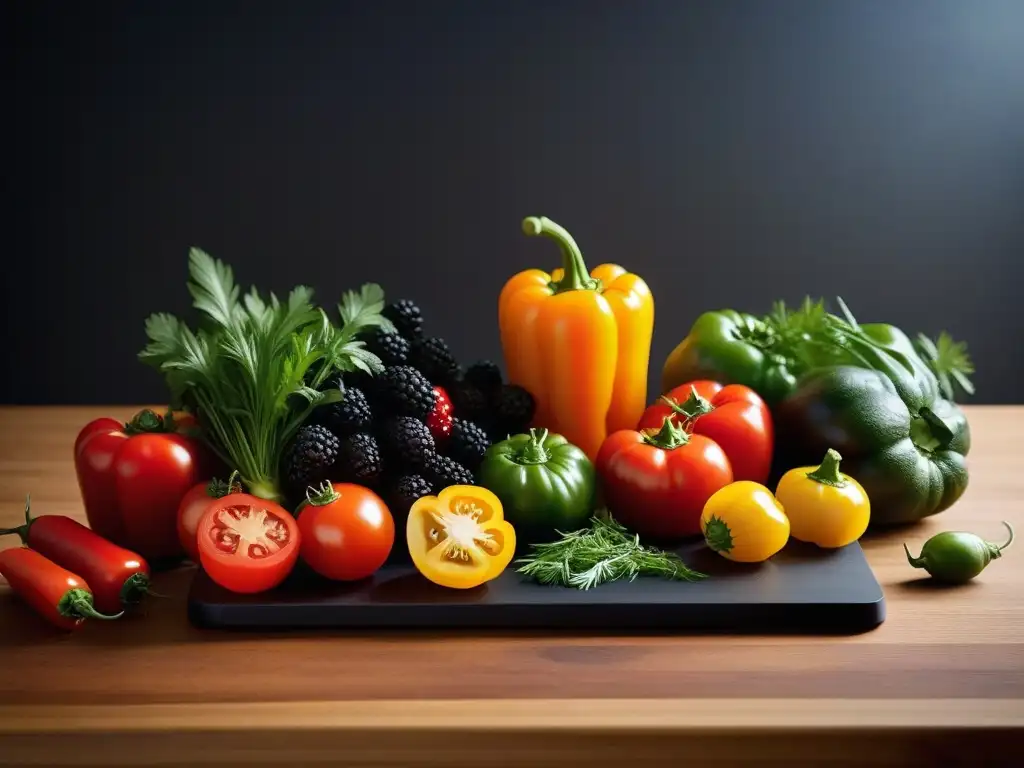 Una composición vibrante de frutas y verduras coloridas sobre una tabla de corte minimalista