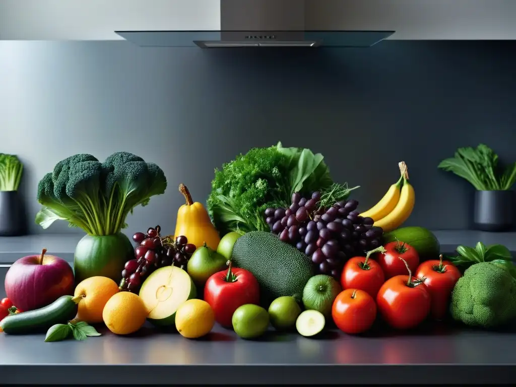 Una composición vibrante de frutas y verduras frescas en una cocina moderna, destaca la importancia de la nutrición vegana