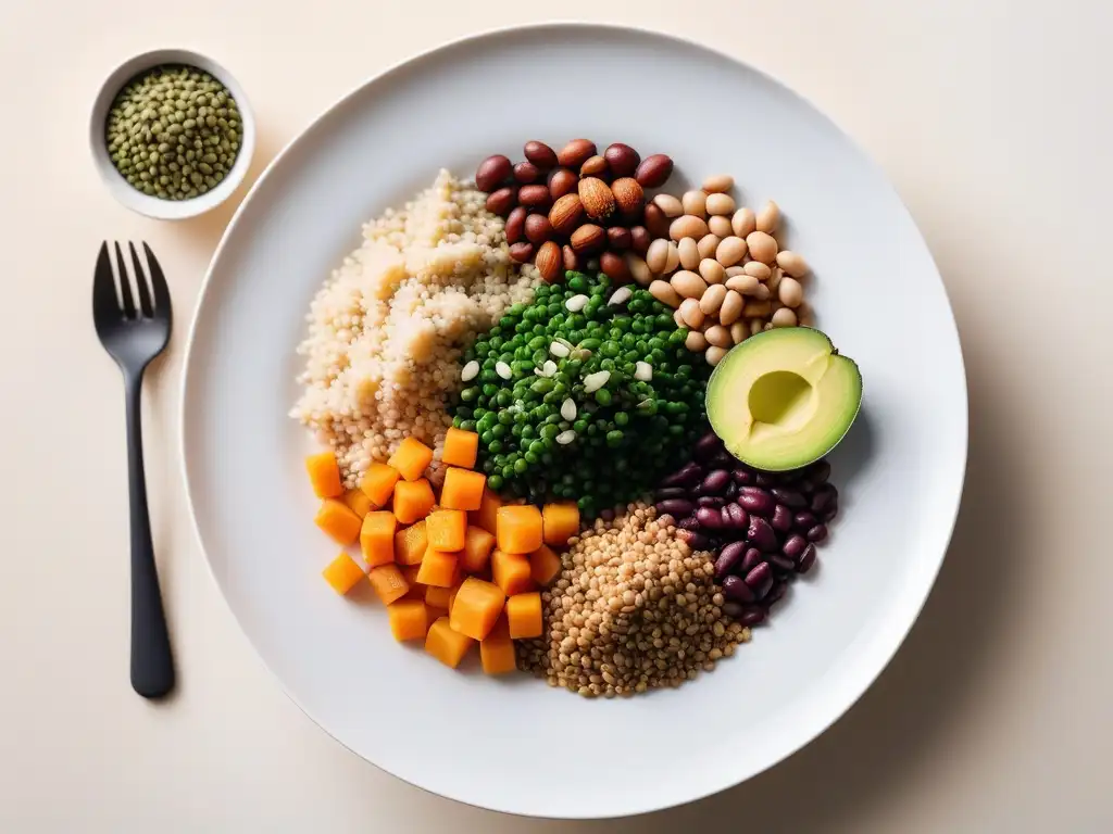 Una composición vibrante de fuentes de proteínas vegetales coloridas en un plato blanco minimalista