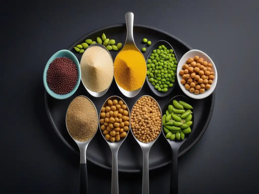 Una composición vibrante de fuentes proteínas veganas equilibradas en un fondo negro elegante