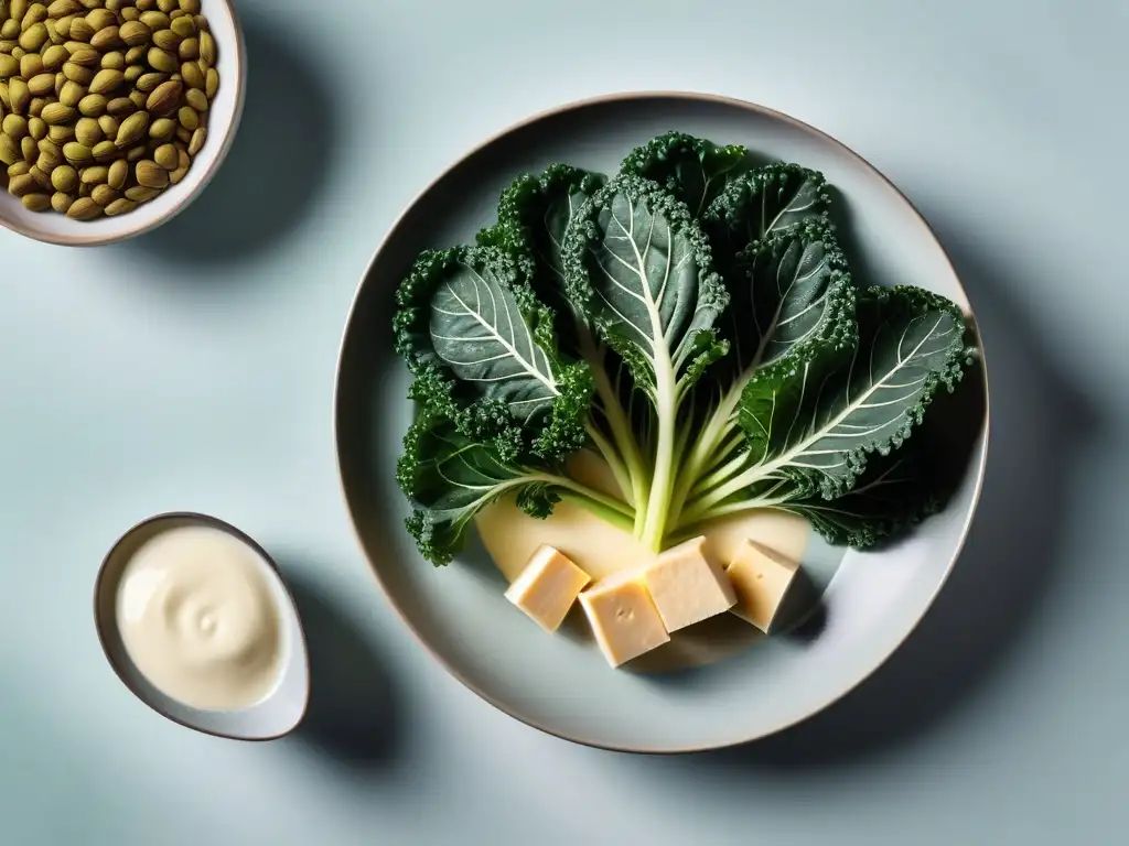 Fuente vegana de calcio: Kale, soja, almendras y tofu en 8k Una composición vibrante de fuentes veganas de calcio en una mesa moderna, resaltando su valor nutricional
