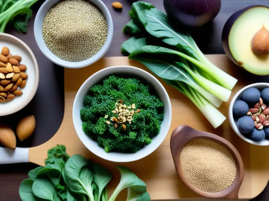 Una composición vibrante de fuentes veganas de calcio sin lácteos sobre tabla de madera