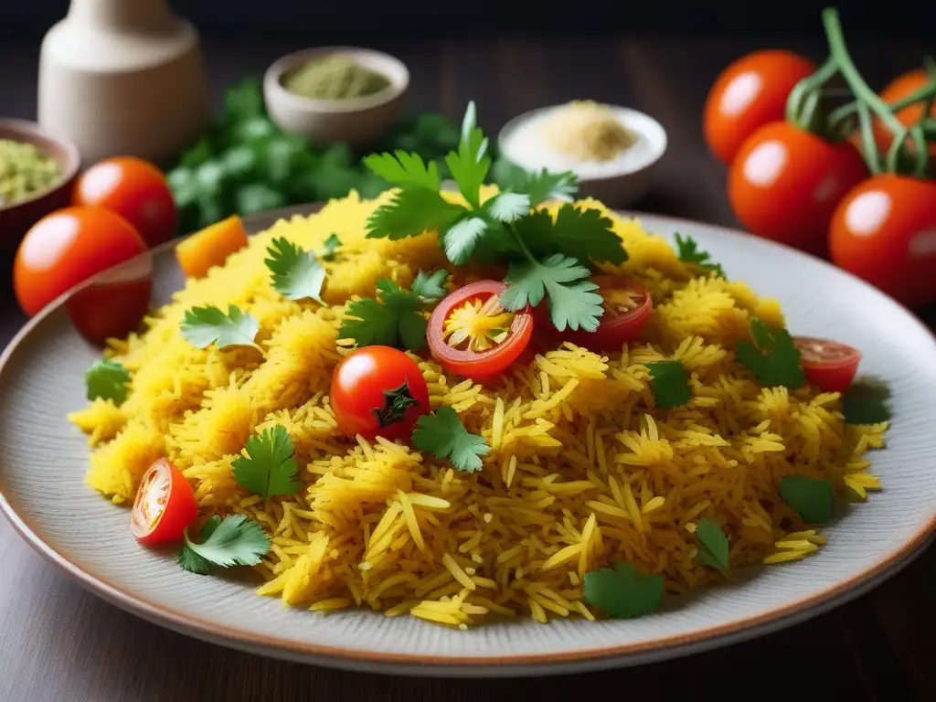 Una composición vibrante de ingredientes frescos para Biryani Vegano