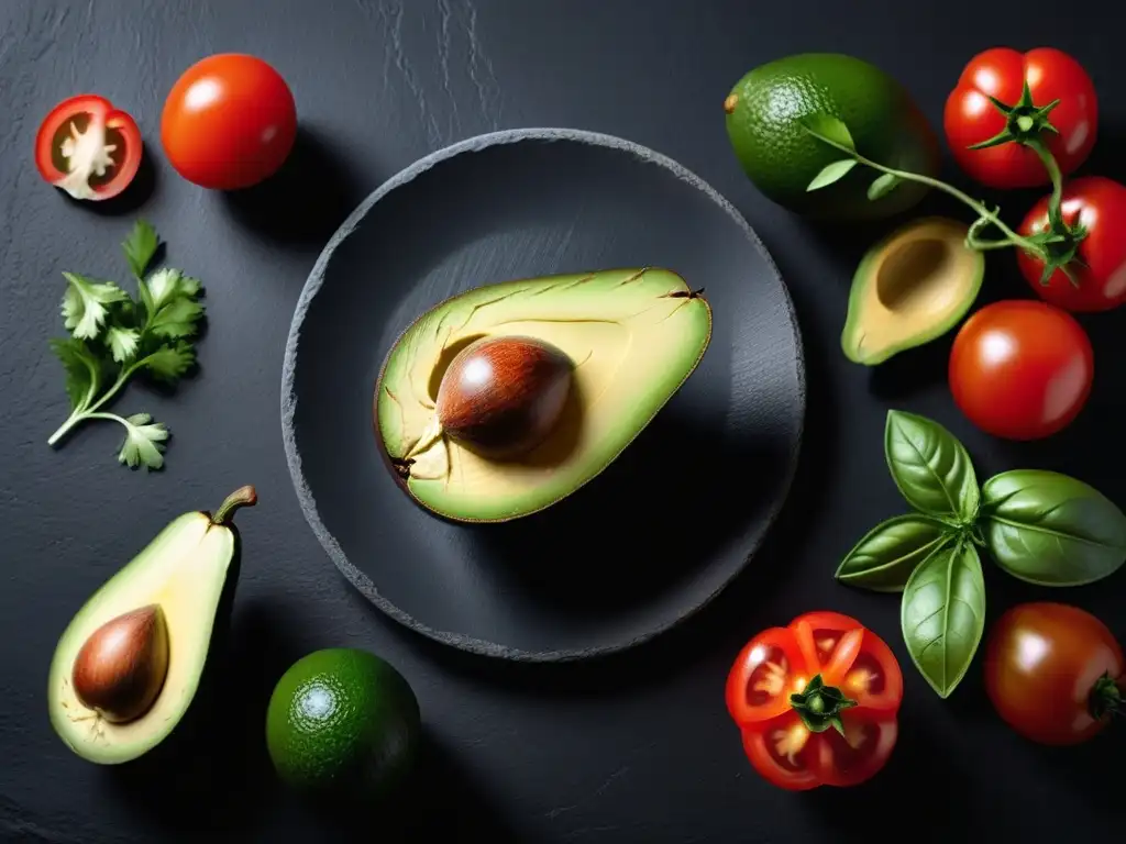 Una composición vibrante de ingredientes veganos TexMex creativos sobre fondo negro