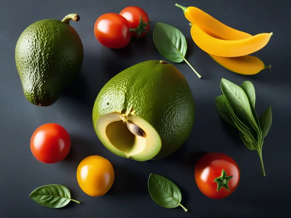 Una composición vibrante de ingredientes veganos crudos como aguacates, tomates y frutas, sobre un elegante mostrador de mármol