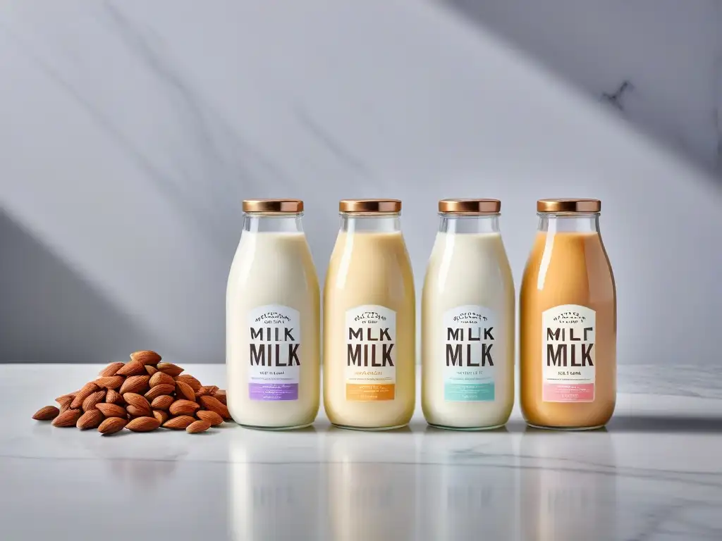 Una composición vibrante y moderna de sustitutos veganos de leche en elegantes botellas de vidrio sobre una encimera de mármol