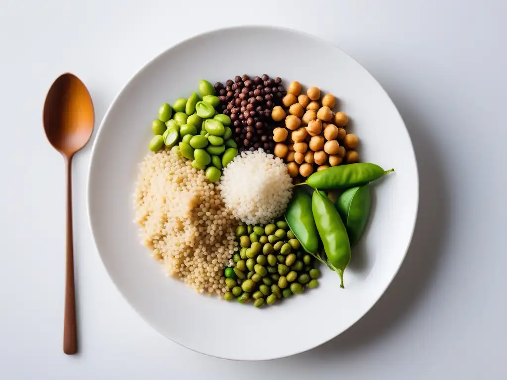 Una composición vibrante de proteínas vegetales sin carne, como quinoa, lentejas, garbanzos, tofu, edamame y frutos secos en un elegante plato blanco