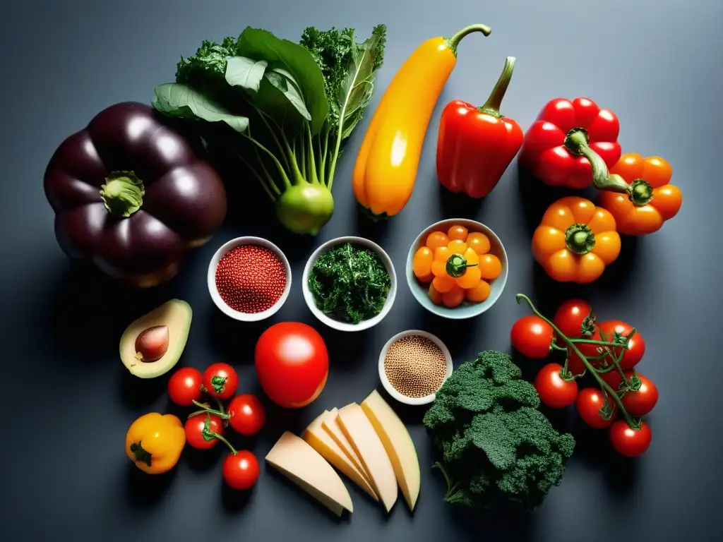 Exquisita selección de superalimentos veganos en cocina moderna Una composición vibrante de superalimentos en una cocina moderna
