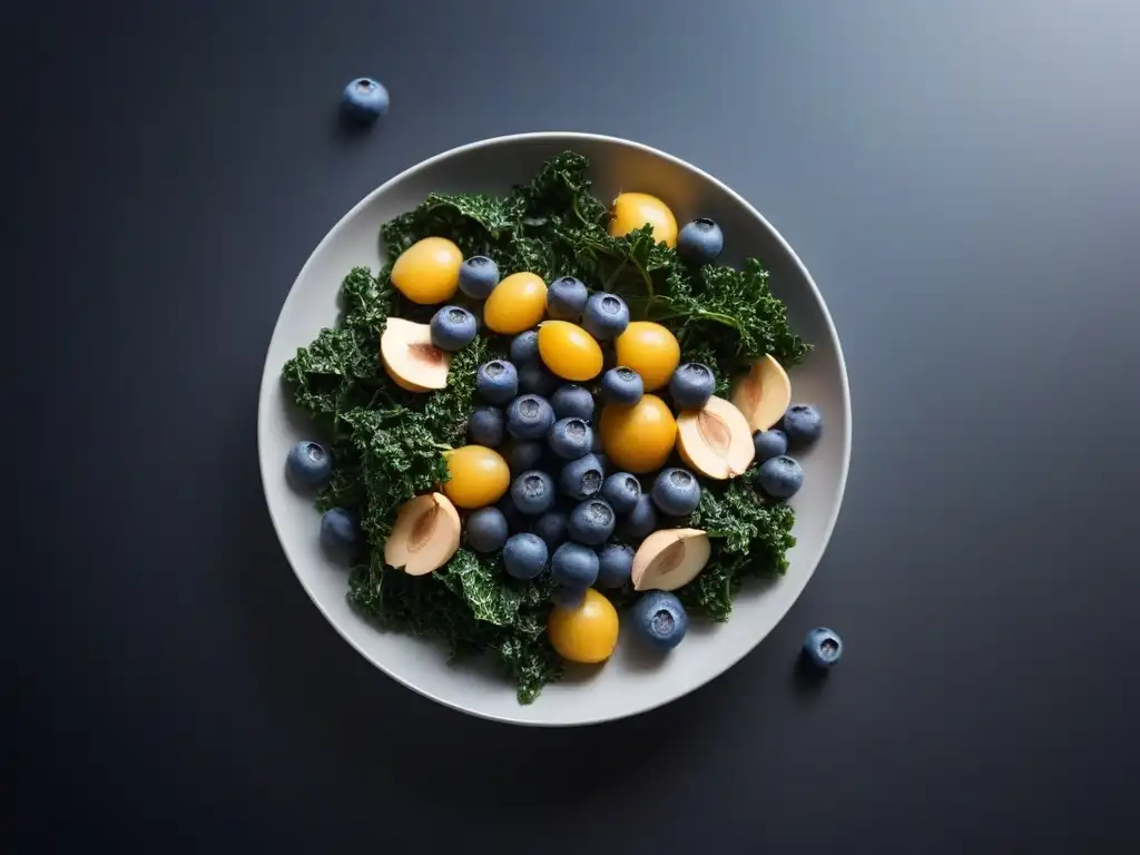 Una composición vibrante de superalimentos veganos: arándanos, kale, semillas de chía y almendras en un plato blanco