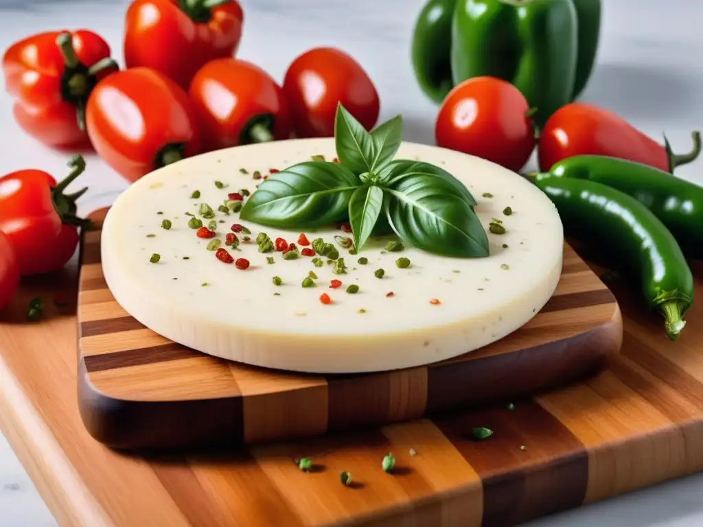 Una composición vibrante de una tabla de cortar con queso Pepper Jack vegano casero, especias coloridas y ingredientes frescos