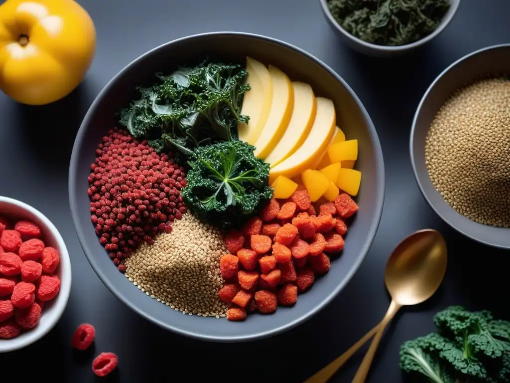 Una composición vibrante de superfoods veganos revolucionan la gastronomía con chía, bayas de goji, kale y quinoa, vista desde arriba