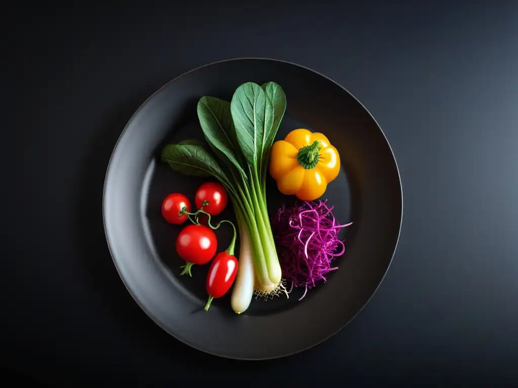 Una composición vibrante de vegetales coloridos en plato negro, transmitiendo frescura y salud