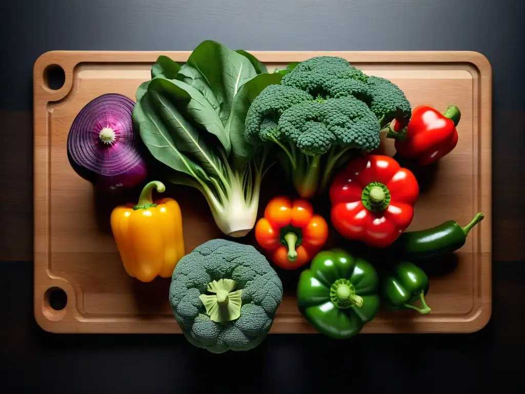 Una composición vibrante de vegetales frescos como espinacas, col rizada, brócoli y pimientos en una tabla de cortar de madera