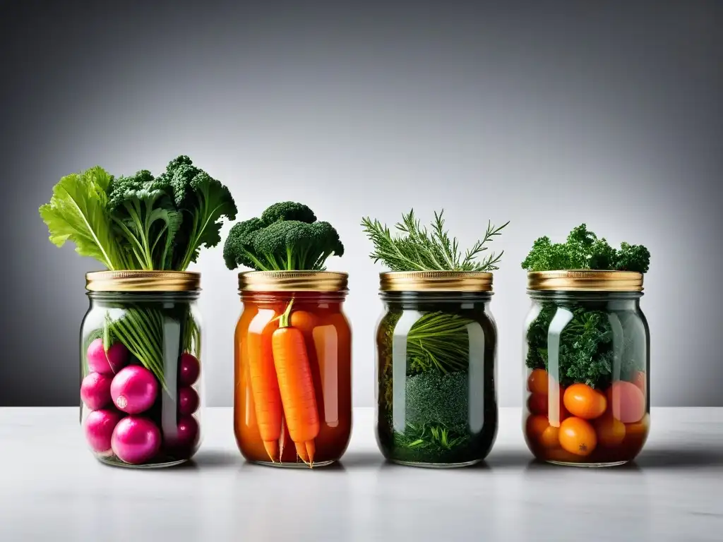 Jars de vegetales coloridos para fermentación vegana Una composición vibrante de vegetales y hierbas en frascos, listos para fermentación en cocina vegana sin aceite