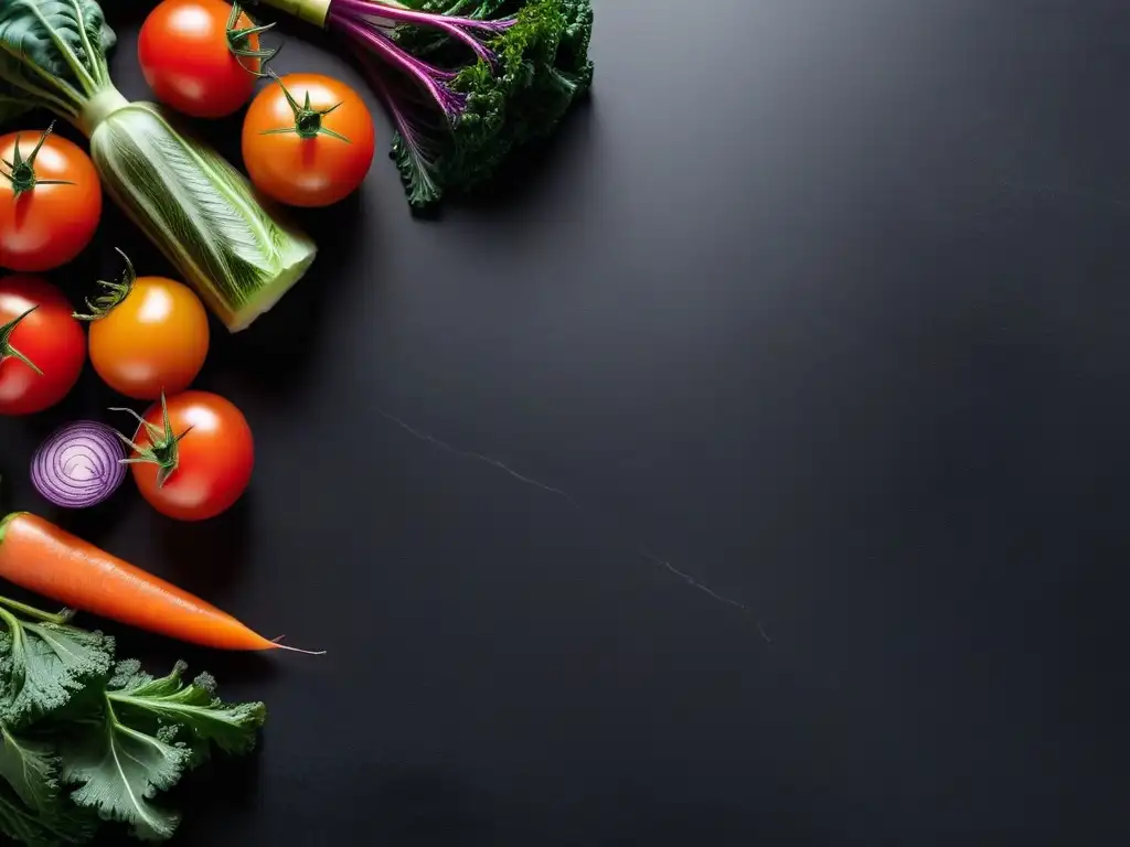 Una composición vibrante de verduras orgánicas en un elegante mostrador de mármol negro