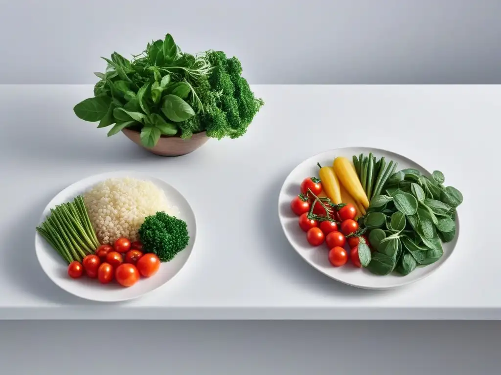 Una composición visual impactante de una encimera de cocina blanca decorada con vegetales frescos y hierbas