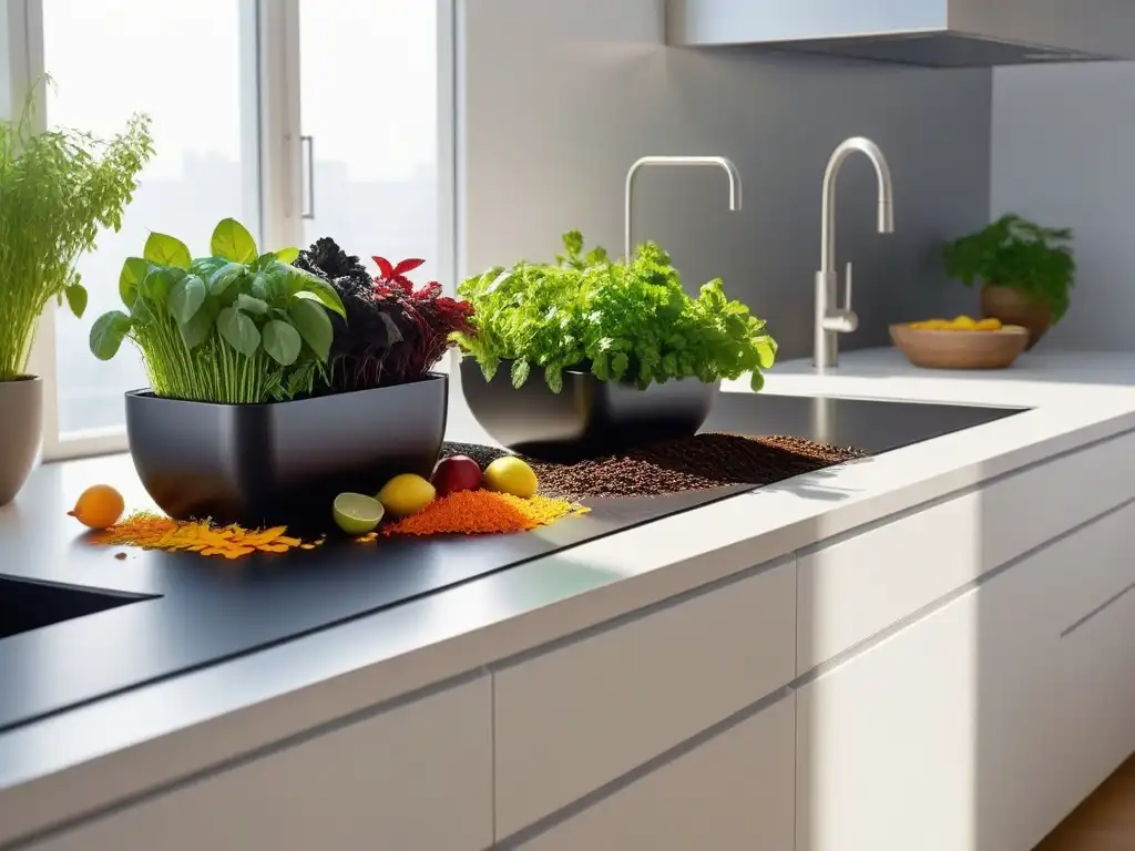 Compostaje en casa para huerto urbano: cocina moderna con desechos orgánicos y plantas verdes al sol