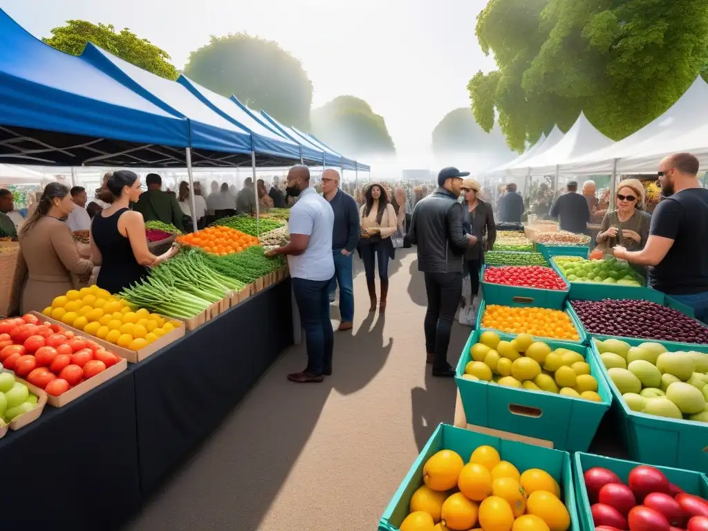 Compra vegana para salvar vidas: Diversidad y alegría en un mercado lleno de productos frescos y coloridos