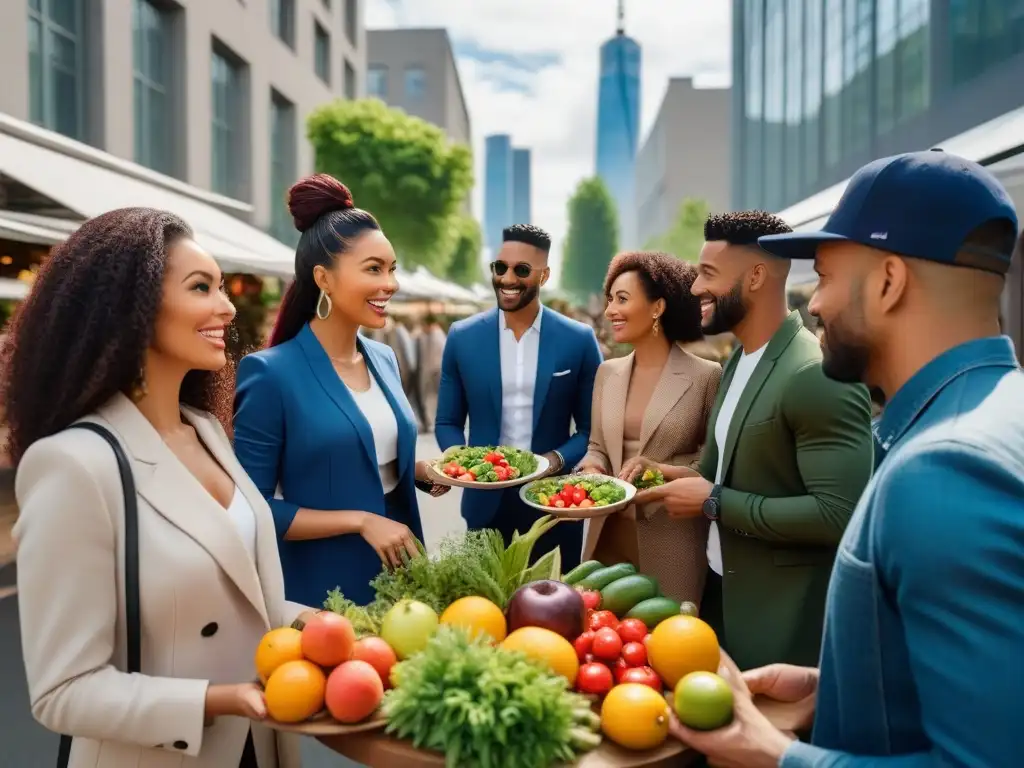 Una comunidad diversa disfruta de una dieta vegana en un entorno urbano vibrante, promoviendo la longevidad y la salud